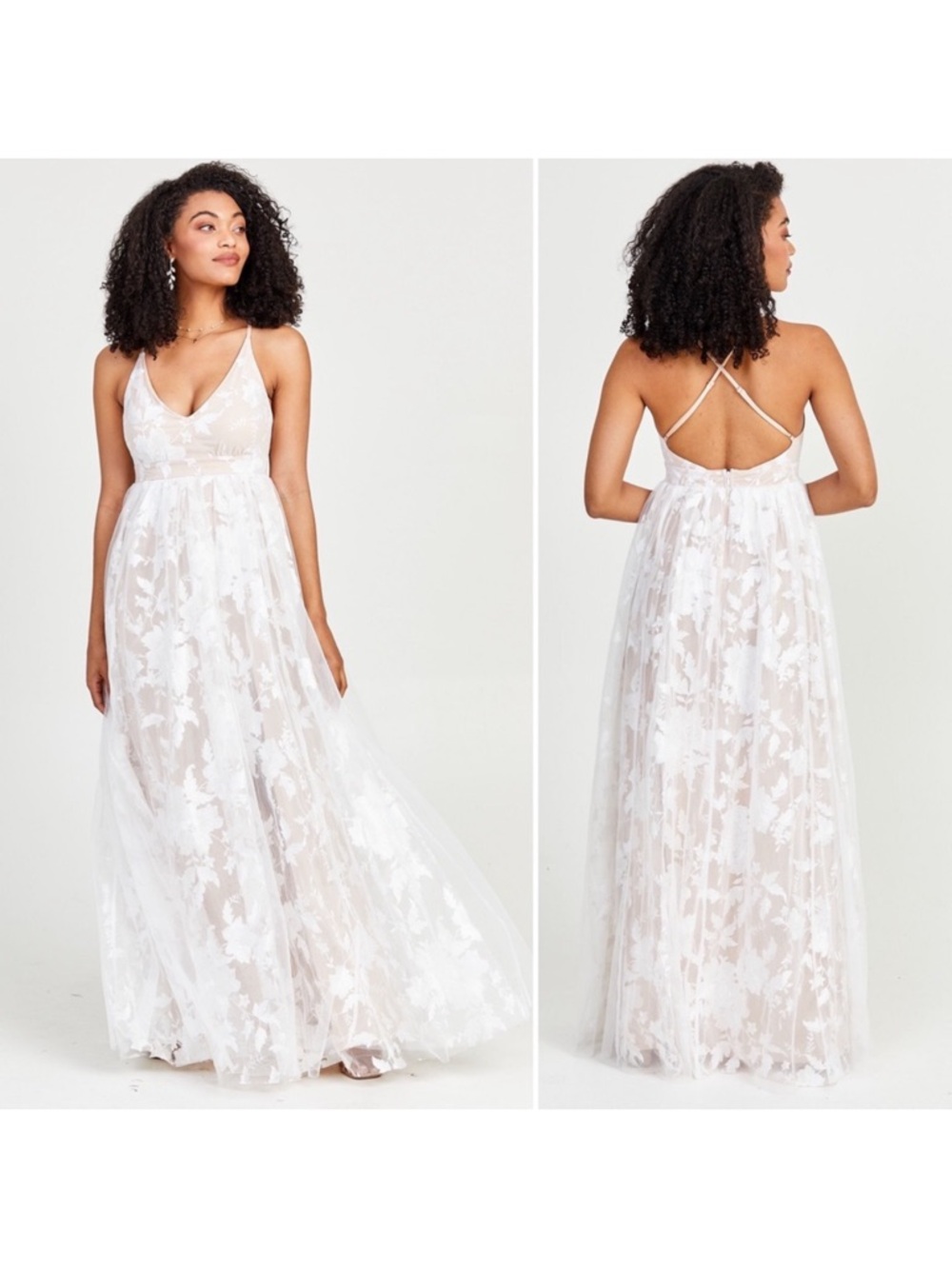 Altar’d State Flora Maxi Dress Lace Overlay  White Ivory Nude Size Large Bridal